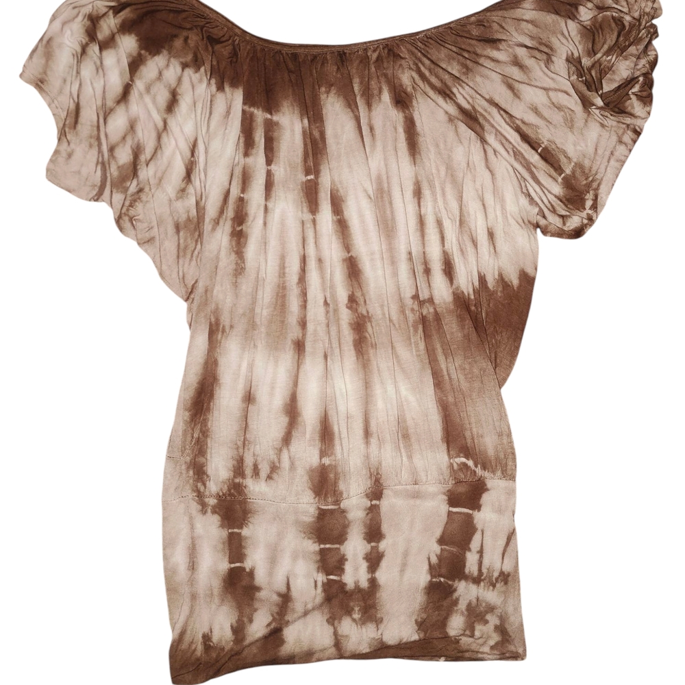 Body Central Brown and White Flutter Sleeve Asymmetrical Blouse